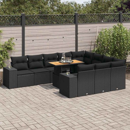 vidaXL 11-tlg. Garten-Sofagarnitur mit Kissen Schwarz Poly Rattan