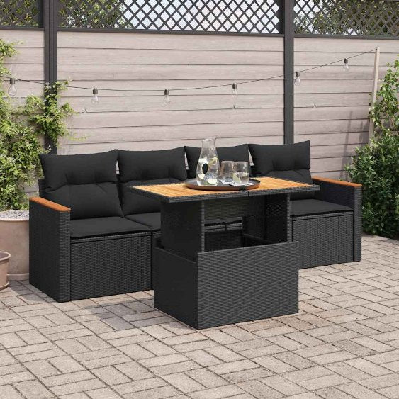 5-tlg. Garten-Sofagarnitur mit Kissen Schwarz Poly Rattan