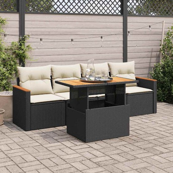 5-tlg. Garten-Sofagarnitur mit Kissen Schwarz Poly Rattan