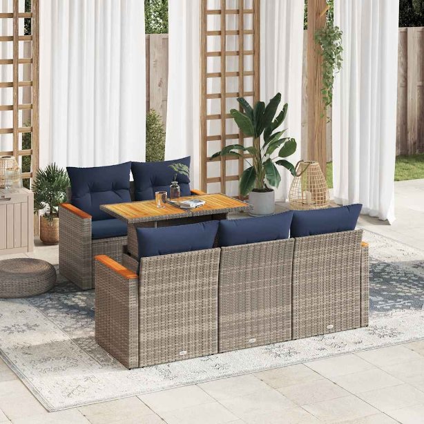 6-tlg. Garten-Sofagarnitur mit Kissen Schwarz Poly Rattan