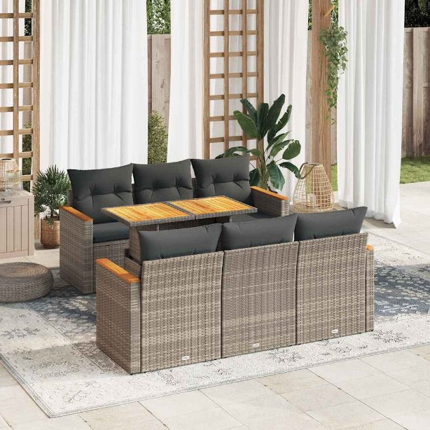 7-tlg. Garten-Sofagarnitur mit Kissen Schwarz Poly Rattan