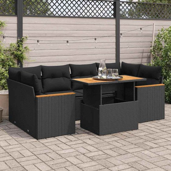 7-tlg. Garten-Sofagarnitur mit Kissen Schwarz Poly Rattan