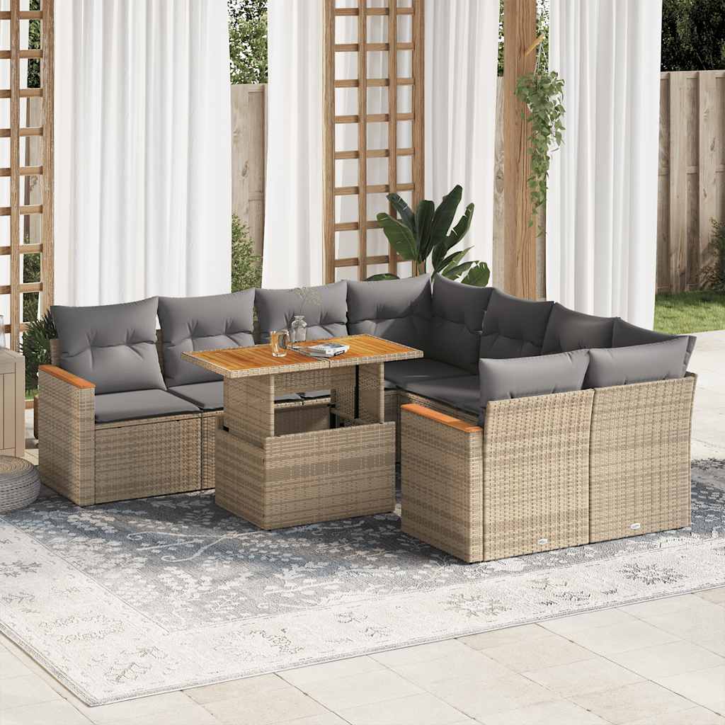9-tlg. Garten-Sofagarnitur mit Kissen Schwarz Poly Rattan