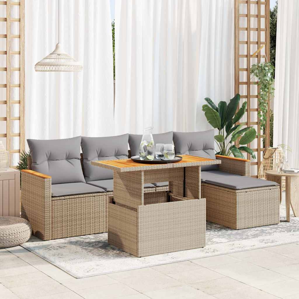 6-tlg. Garten-Sofagarnitur mit Kissen Schwarz Poly Rattan
