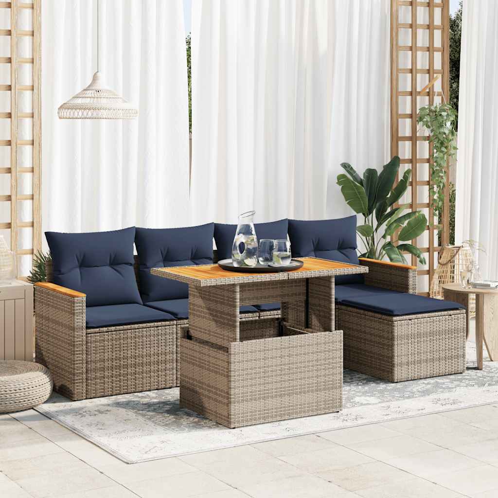 6-tlg. Garten-Sofagarnitur mit Kissen Schwarz Poly Rattan