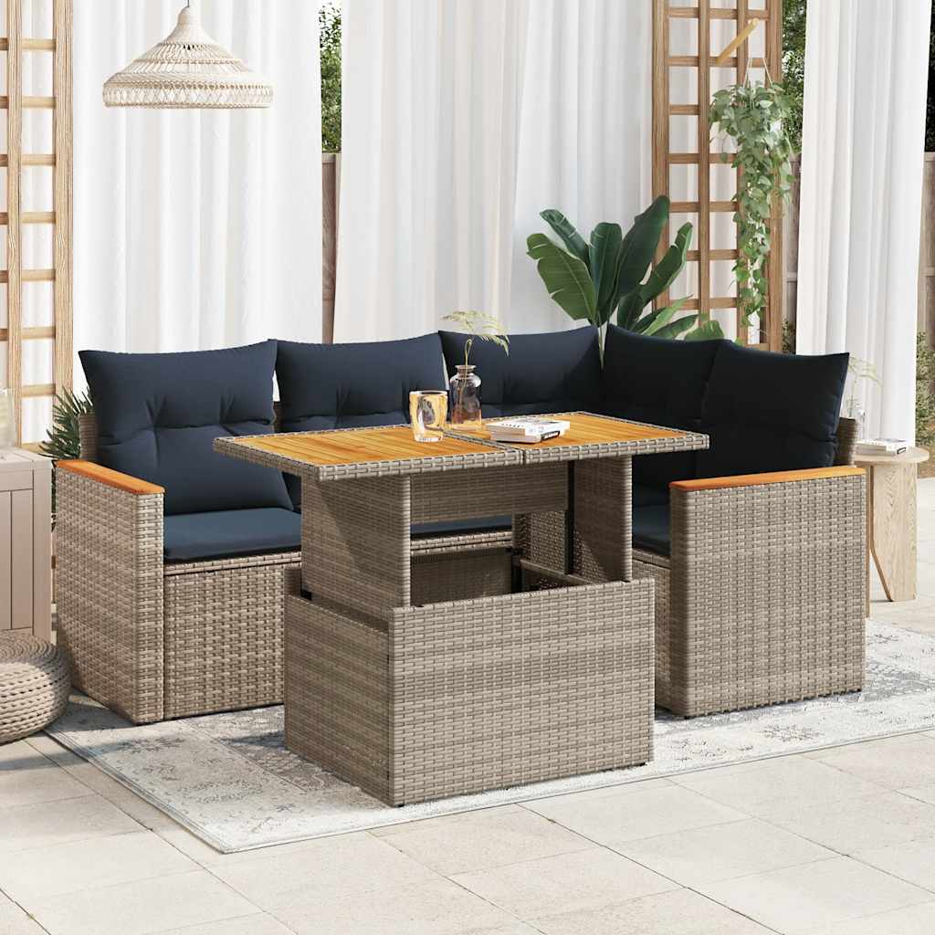 5-tlg. Garten-Sofagarnitur mit Kissen Schwarz Poly Rattan