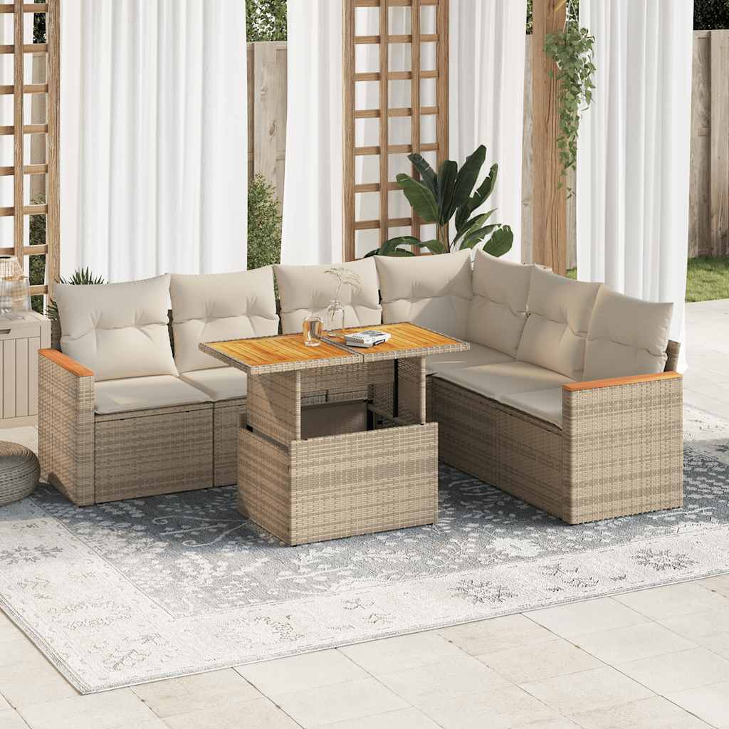 7-tlg. Garten-Sofagarnitur mit Kissen Schwarz Poly Rattan