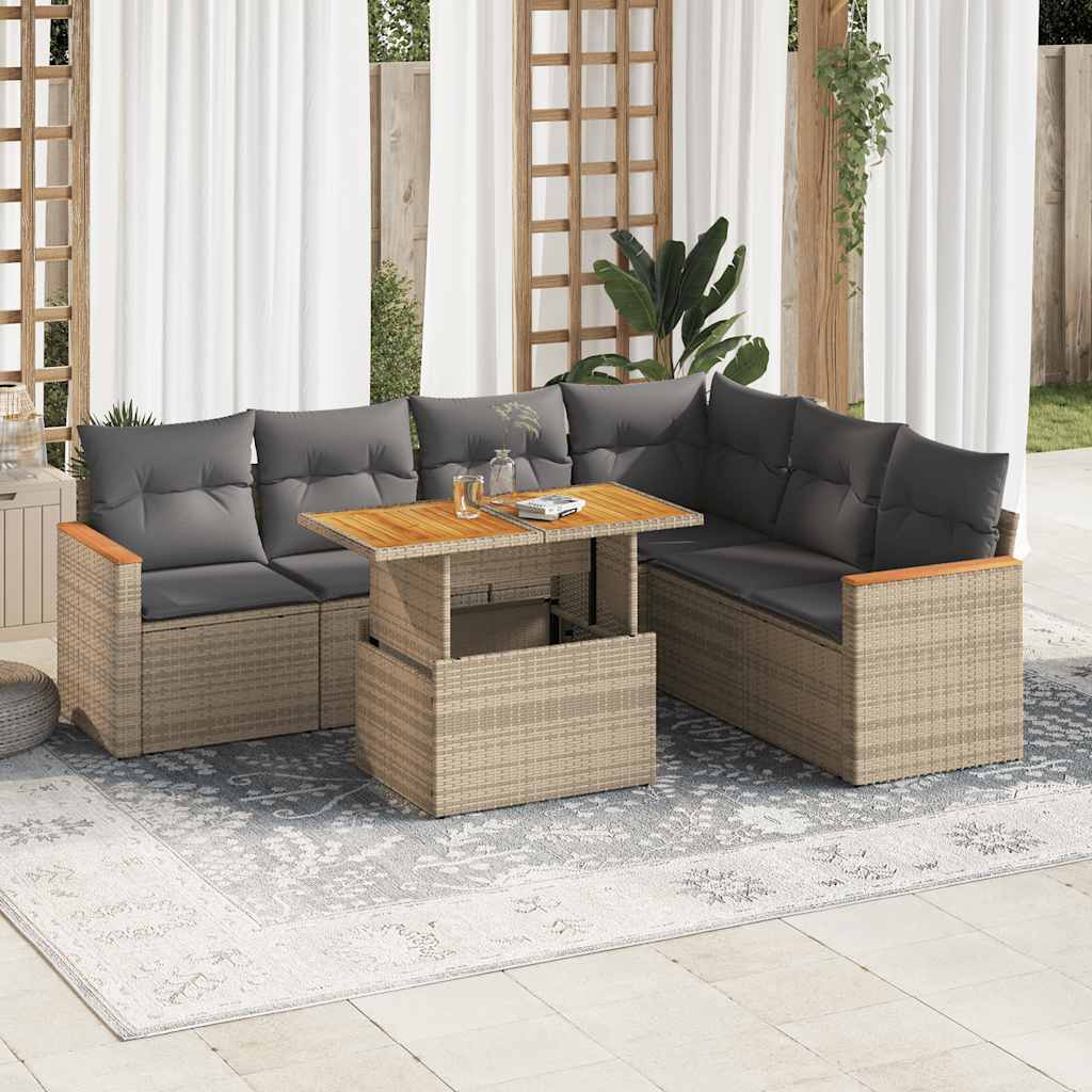 7-tlg. Garten-Sofagarnitur mit Kissen Schwarz Poly Rattan