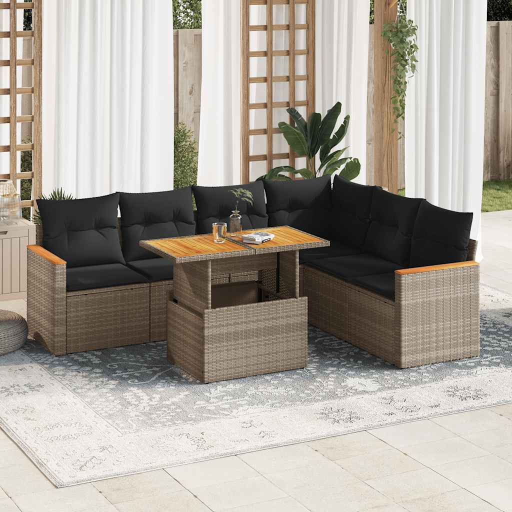 7-tlg. Garten-Sofagarnitur mit Kissen Schwarz Poly Rattan