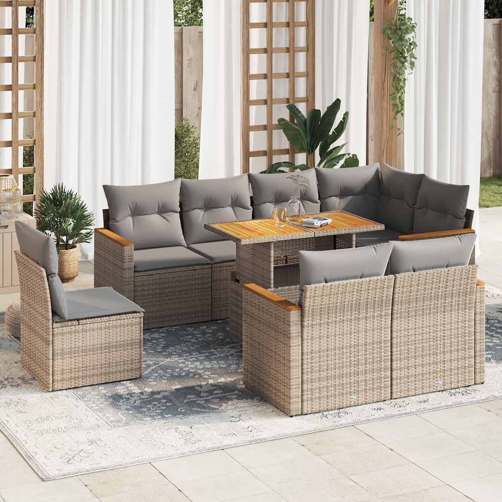 9-tlg. Garten-Sofagarnitur mit Kissen Schwarz Poly Rattan