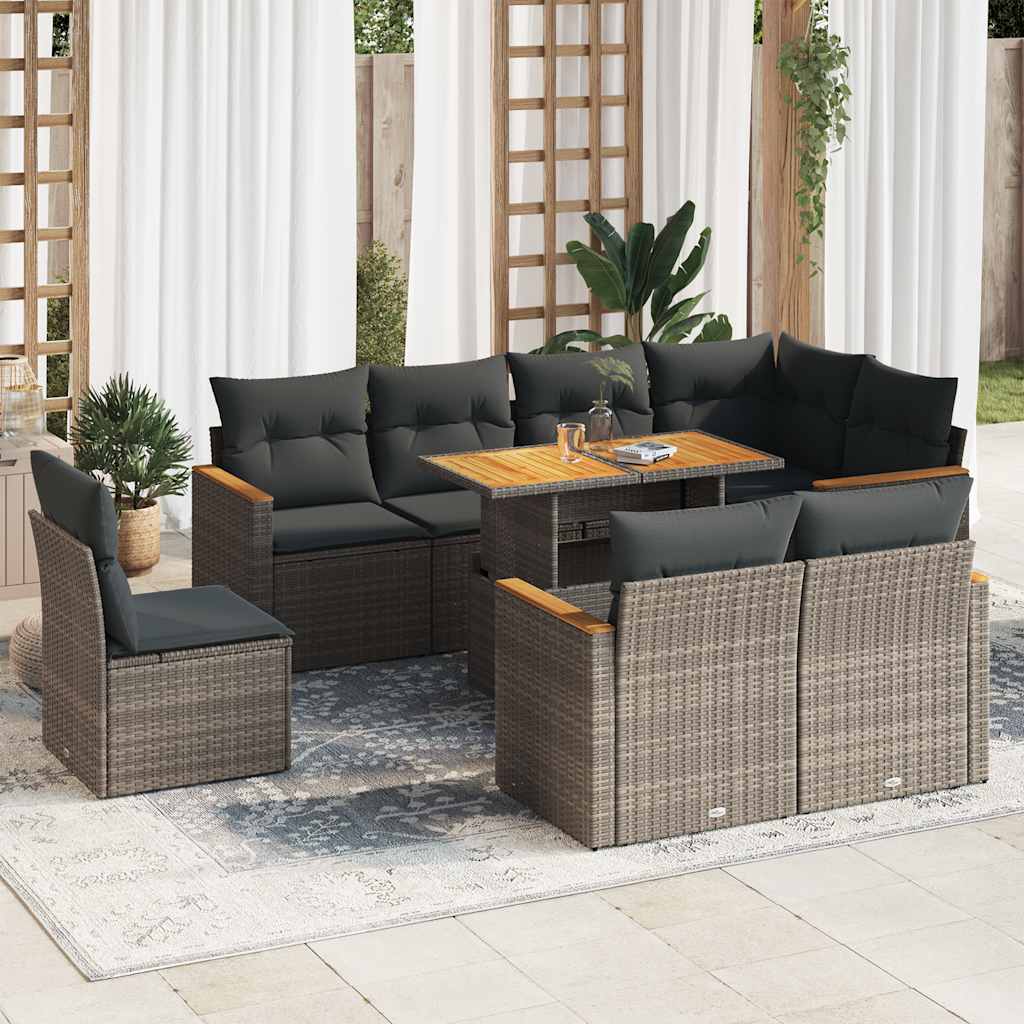 9-tlg. Garten-Sofagarnitur mit Kissen Schwarz Poly Rattan