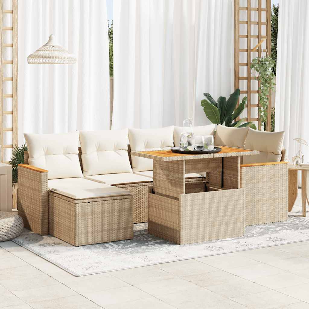 7-tlg. Garten-Sofagarnitur mit Kissen Schwarz Poly Rattan