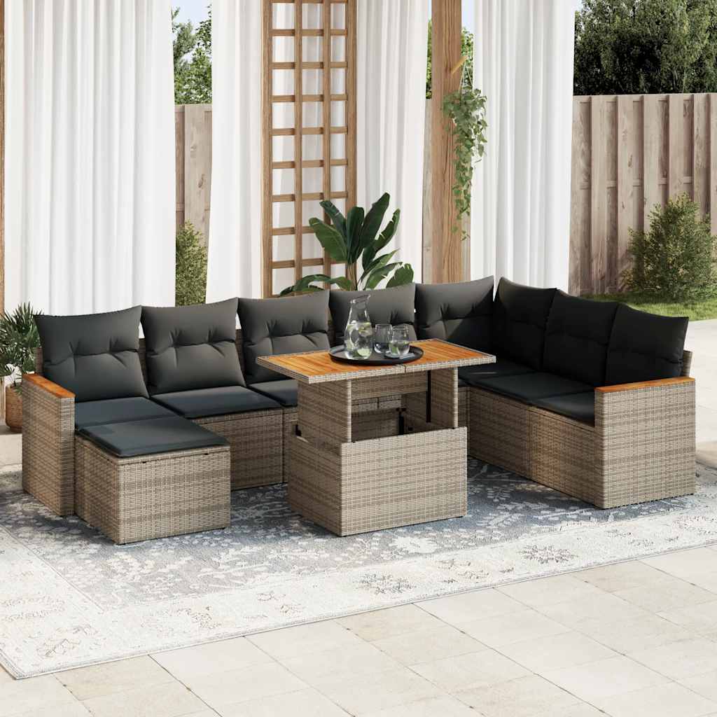 9-tlg. Garten-Sofagarnitur mit Kissen Schwarz Poly Rattan