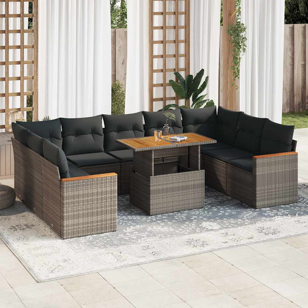 vidaXL 10-tlg. Garten-Sofagarnitur mit Kissen Schwarz Poly Rattan