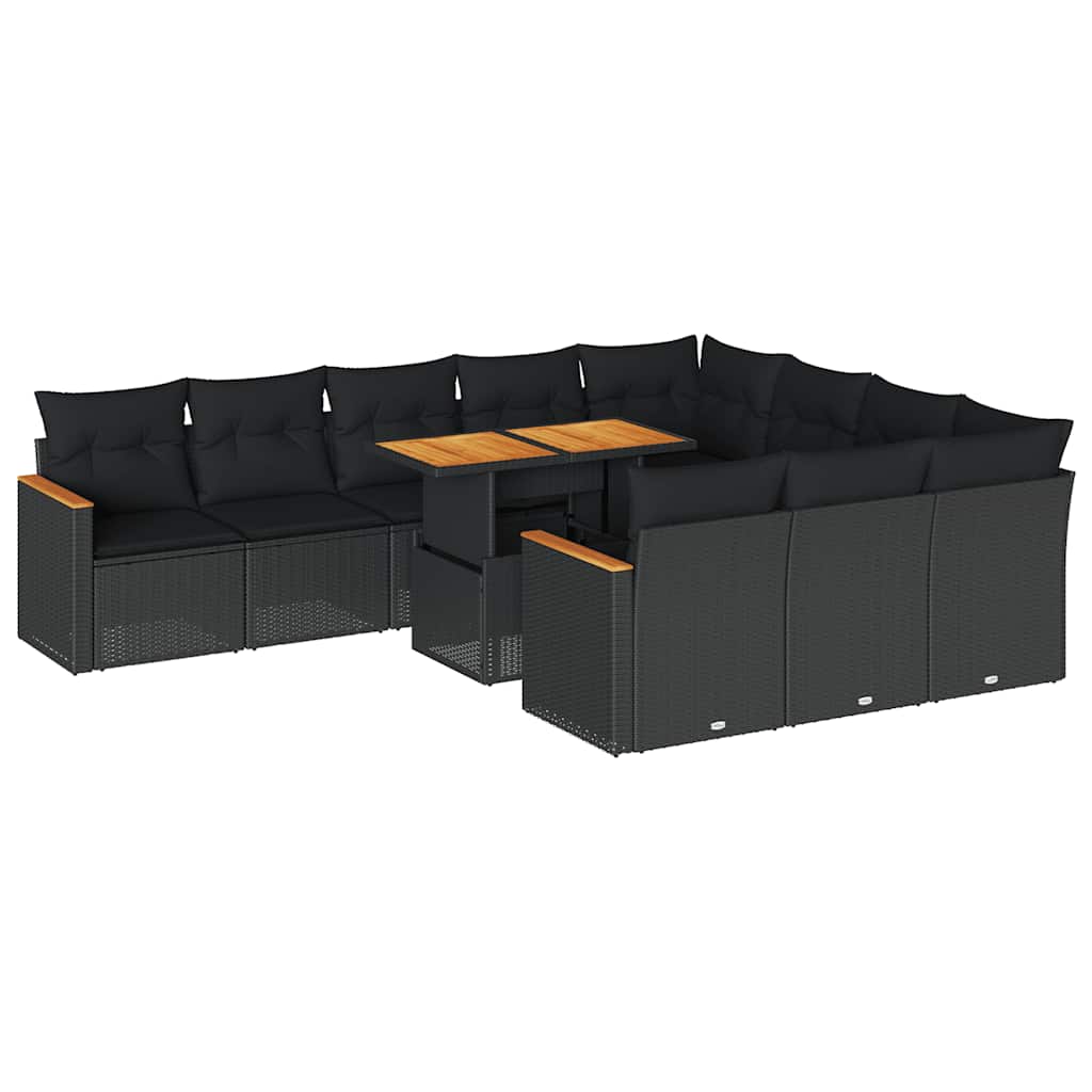 vidaXL 11-tlg. Garten-Sofagarnitur mit Kissen Schwarz Poly Rattan