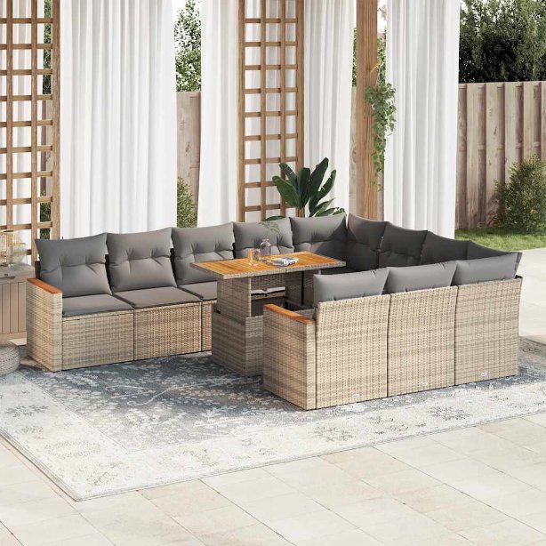 vidaXL 11-tlg. Garten-Sofagarnitur mit Kissen Schwarz Poly Rattan