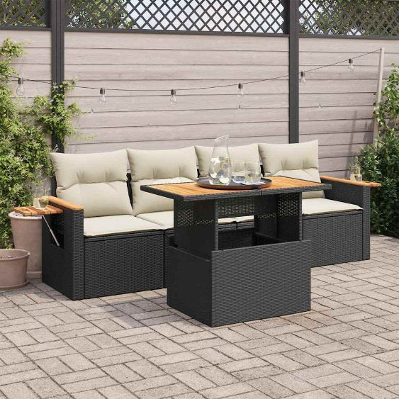 5-tlg. Garten-Sofagarnitur mit Kissen Schwarz Poly Rattan