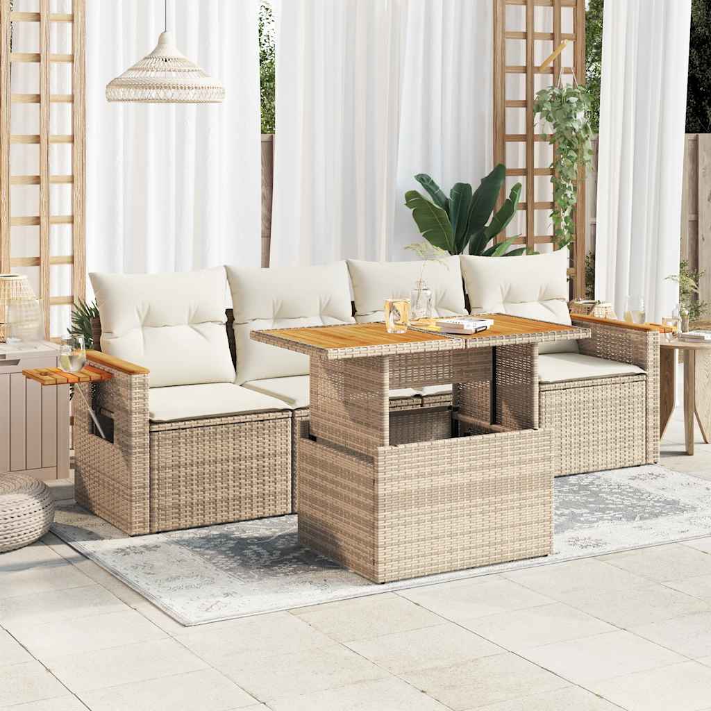 5-tlg. Garten-Sofagarnitur mit Kissen Schwarz Poly Rattan