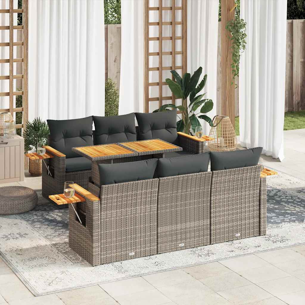 7-tlg. Garten-Sofagarnitur mit Kissen Schwarz Poly Rattan