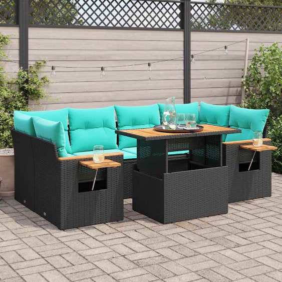 7-tlg. Garten-Sofagarnitur mit Kissen Schwarz Poly Rattan