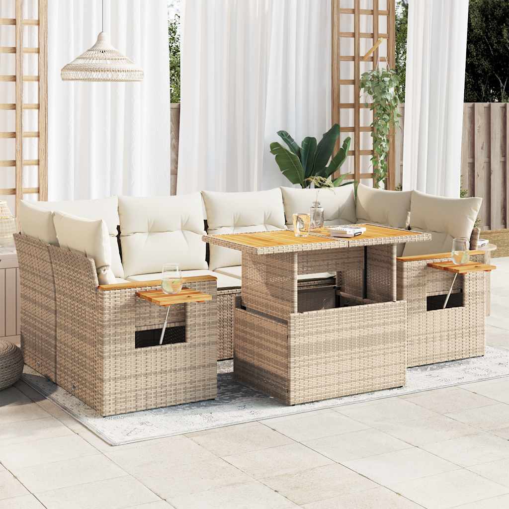 7-tlg. Garten-Sofagarnitur mit Kissen Schwarz Poly Rattan