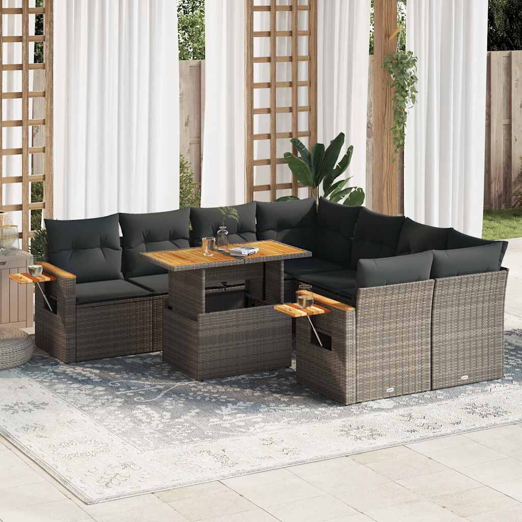 9-tlg. Garten-Sofagarnitur mit Kissen Schwarz Poly Rattan