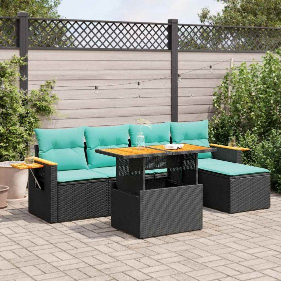 6-tlg. Garten-Sofagarnitur mit Kissen Schwarz Poly Rattan
