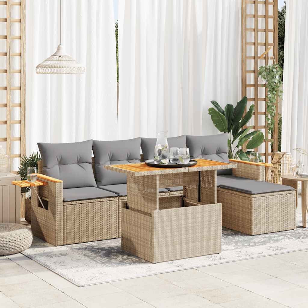6-tlg. Garten-Sofagarnitur mit Kissen Schwarz Poly Rattan