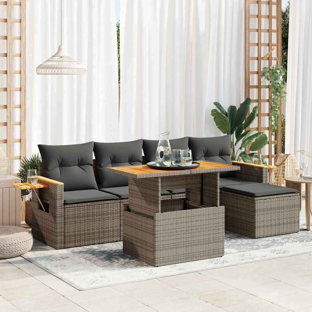 6-tlg. Garten-Sofagarnitur mit Kissen Schwarz Poly Rattan