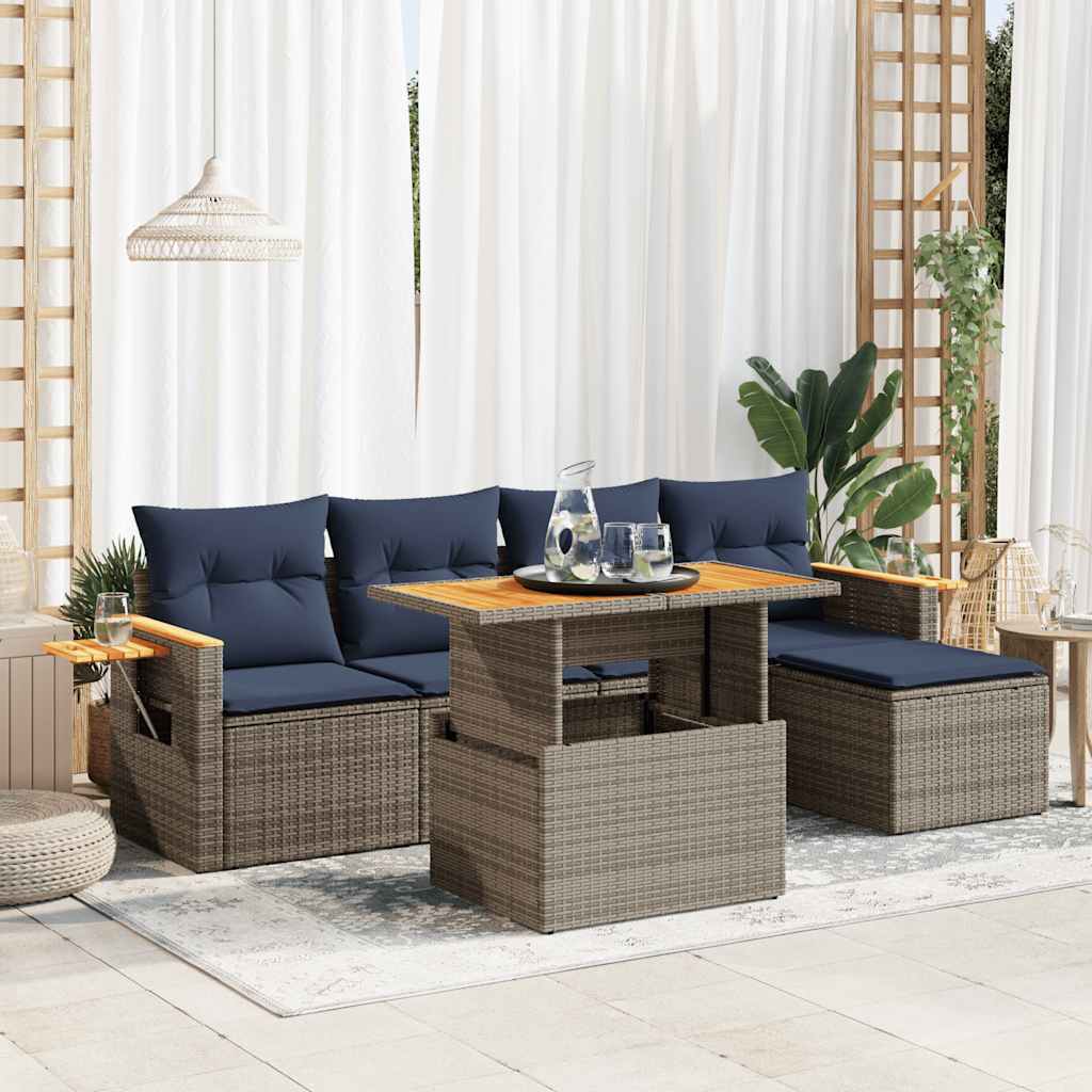 6-tlg. Garten-Sofagarnitur mit Kissen Schwarz Poly Rattan