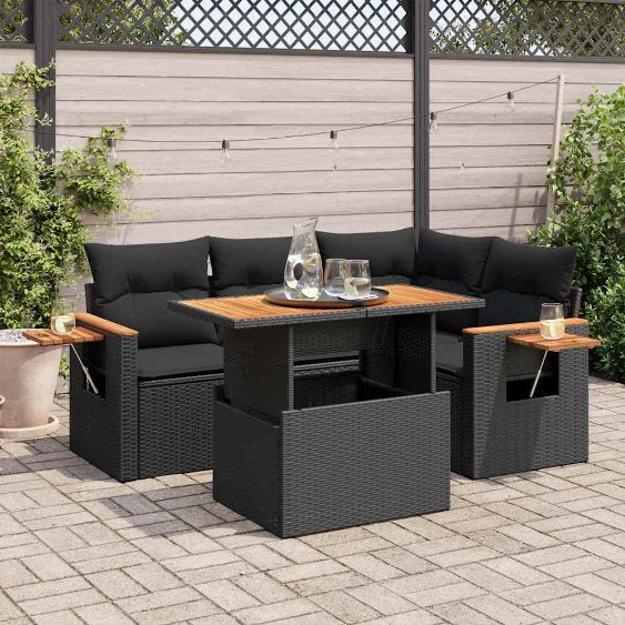 5-tlg. Garten-Sofagarnitur mit Kissen Schwarz Poly Rattan