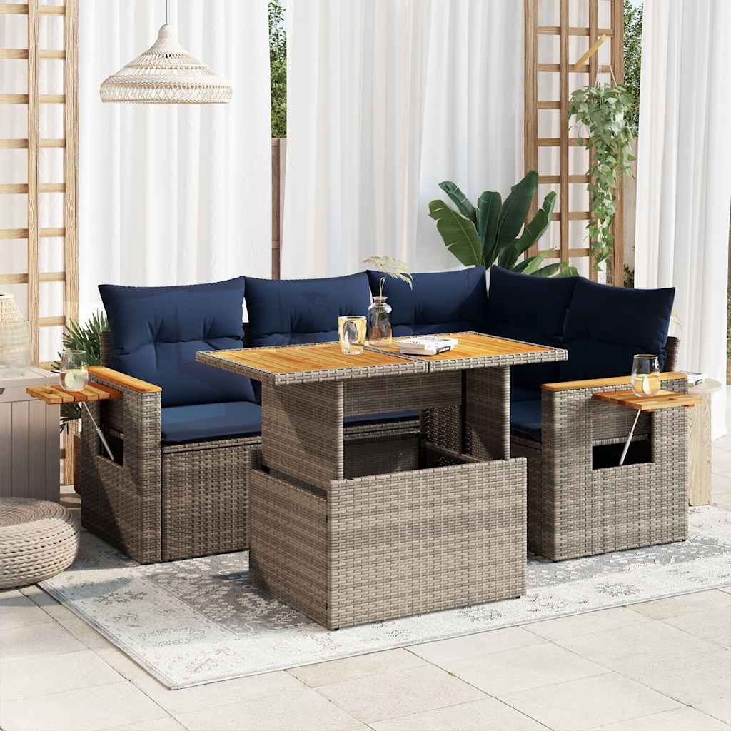 5-tlg. Garten-Sofagarnitur mit Kissen Schwarz Poly Rattan