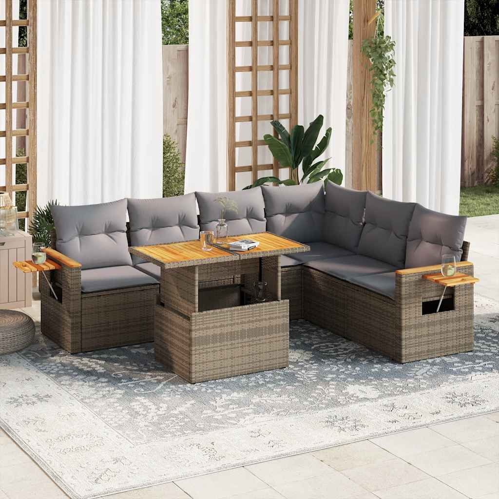 7-tlg. Garten-Sofagarnitur mit Kissen Schwarz Poly Rattan