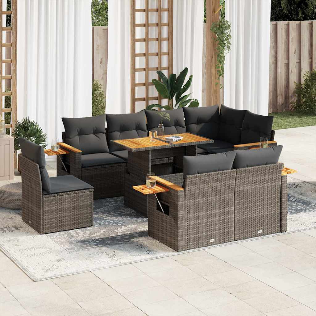 9-tlg. Garten-Sofagarnitur mit Kissen Schwarz Poly Rattan