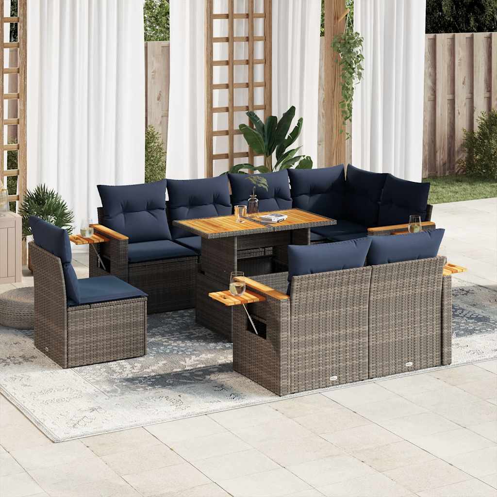 9-tlg. Garten-Sofagarnitur mit Kissen Schwarz Poly Rattan