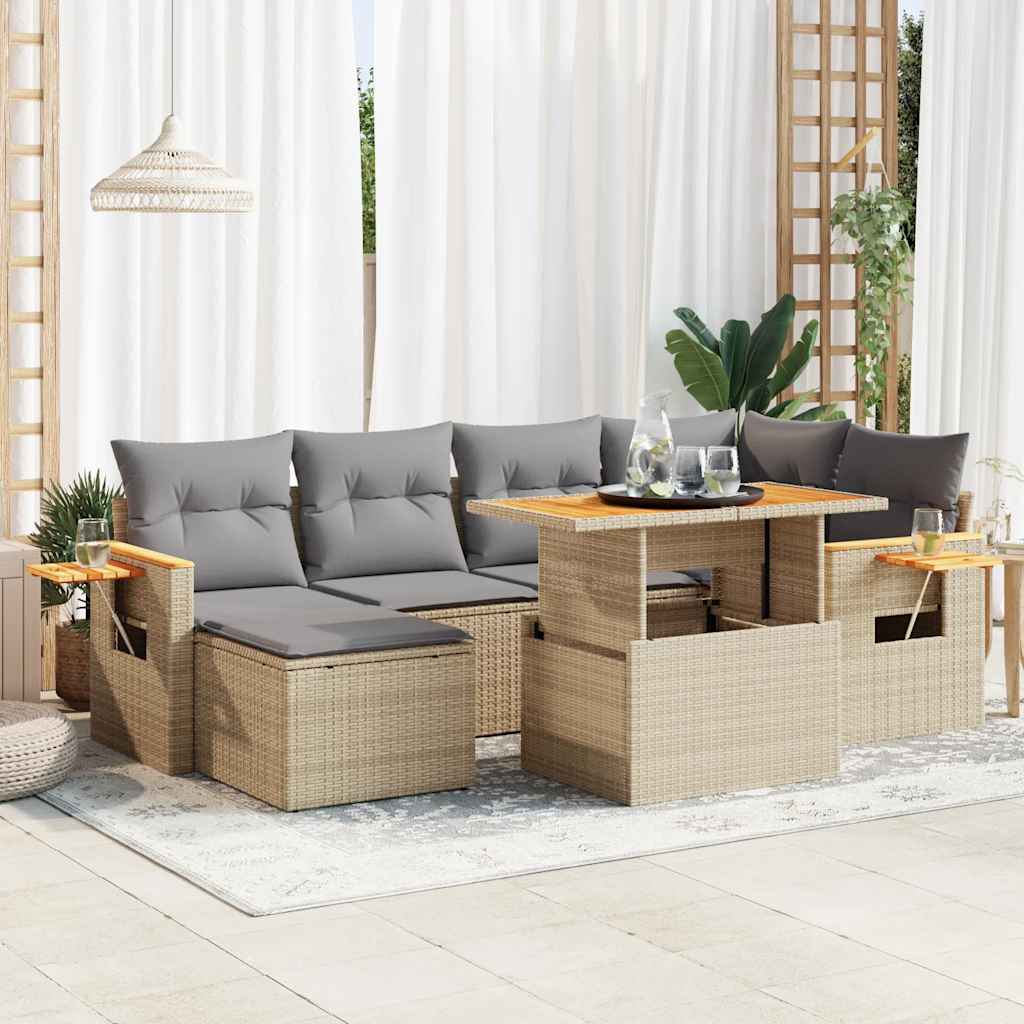 7-tlg. Garten-Sofagarnitur mit Kissen Schwarz Poly Rattan