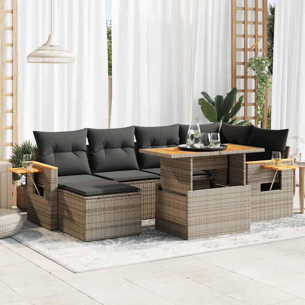 7-tlg. Garten-Sofagarnitur mit Kissen Schwarz Poly Rattan