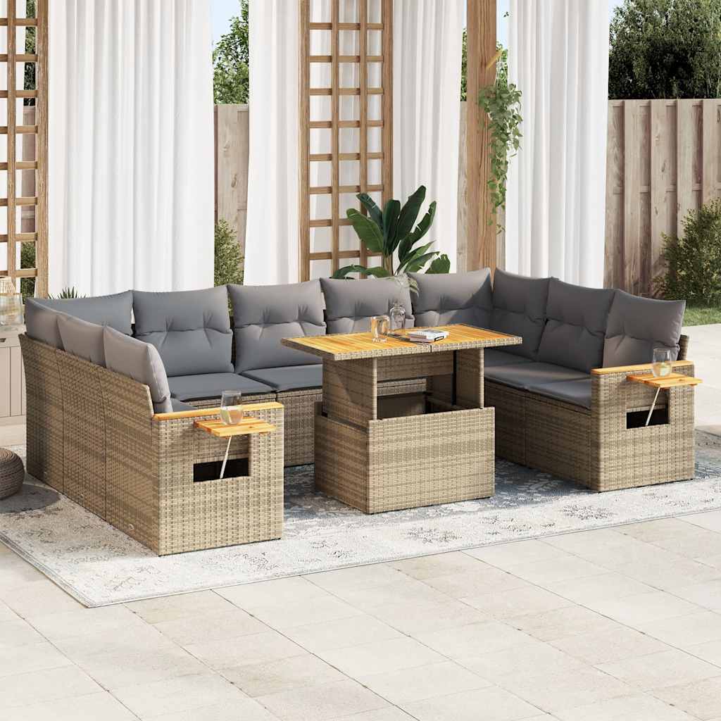 vidaXL 10-tlg. Garten-Sofagarnitur mit Kissen Schwarz Poly Rattan
