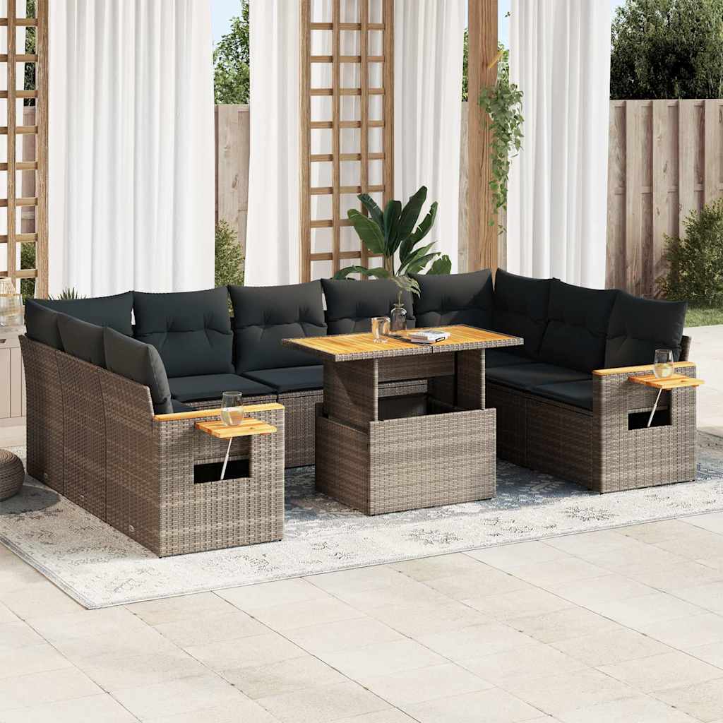 vidaXL 10-tlg. Garten-Sofagarnitur mit Kissen Schwarz Poly Rattan