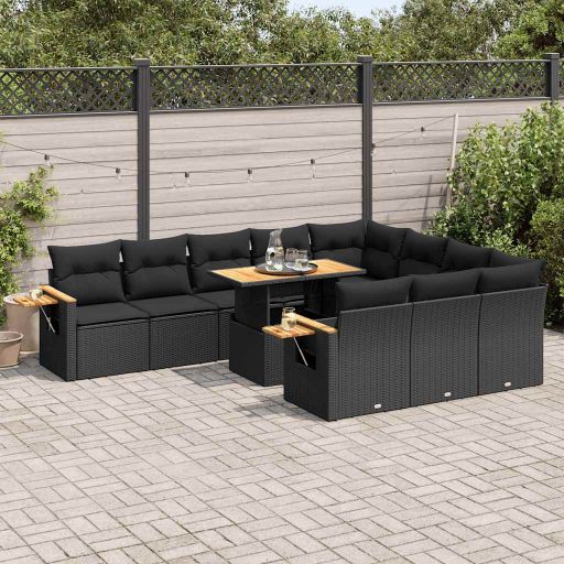vidaXL 11-tlg. Garten-Sofagarnitur mit Kissen Schwarz Poly Rattan