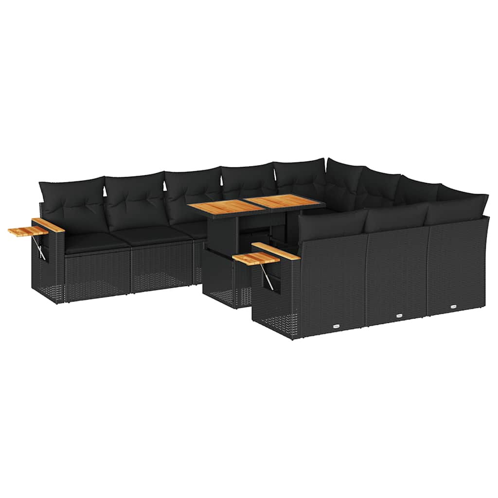 vidaXL 11-tlg. Garten-Sofagarnitur mit Kissen Schwarz Poly Rattan