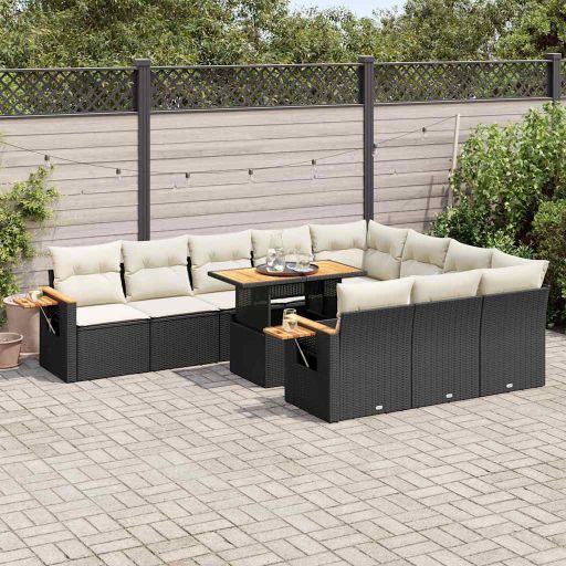 vidaXL 11-tlg. Garten-Sofagarnitur mit Kissen Schwarz Poly Rattan