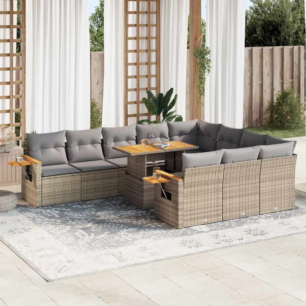 vidaXL 11-tlg. Garten-Sofagarnitur mit Kissen Schwarz Poly Rattan