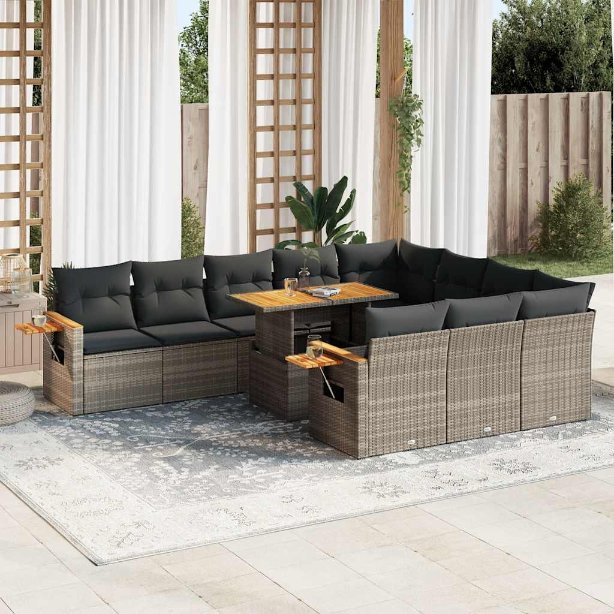 vidaXL 11-tlg. Garten-Sofagarnitur mit Kissen Schwarz Poly Rattan