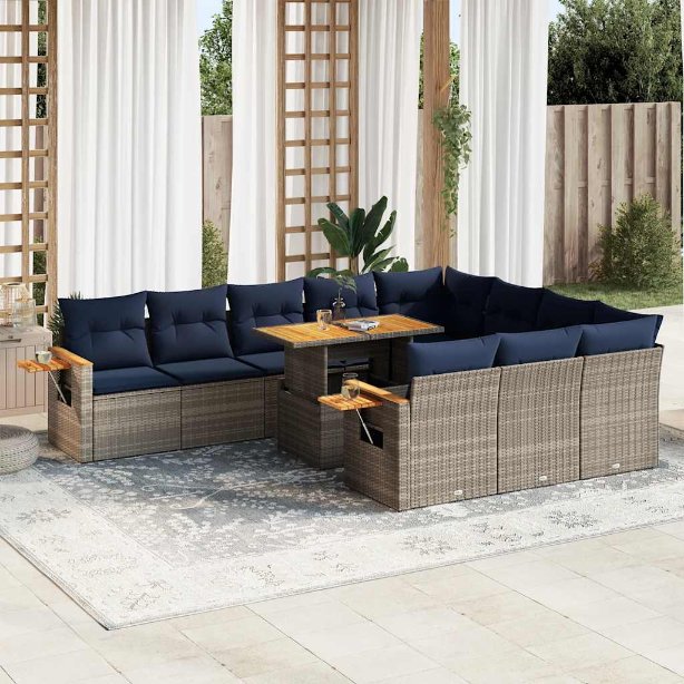 vidaXL 11-tlg. Garten-Sofagarnitur mit Kissen Grau Poly Rattan Akazie