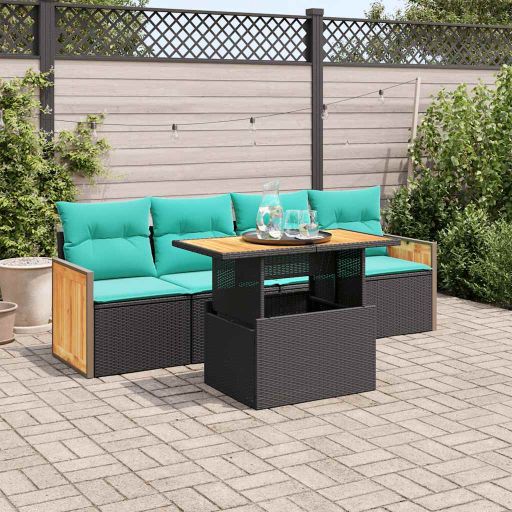 5-tlg. Garten-Sofagarnitur mit Kissen Schwarz Poly Rattan