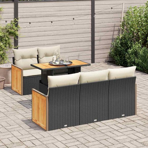 6-tlg. Garten-Sofagarnitur mit Kissen Schwarz Poly Rattan