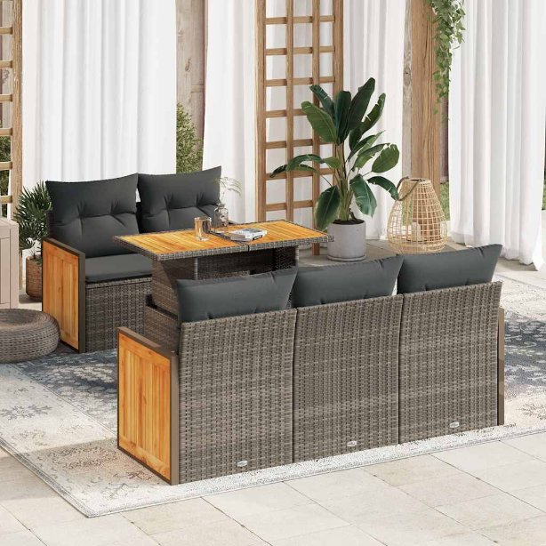6-tlg. Garten-Sofagarnitur mit Kissen Schwarz Poly Rattan