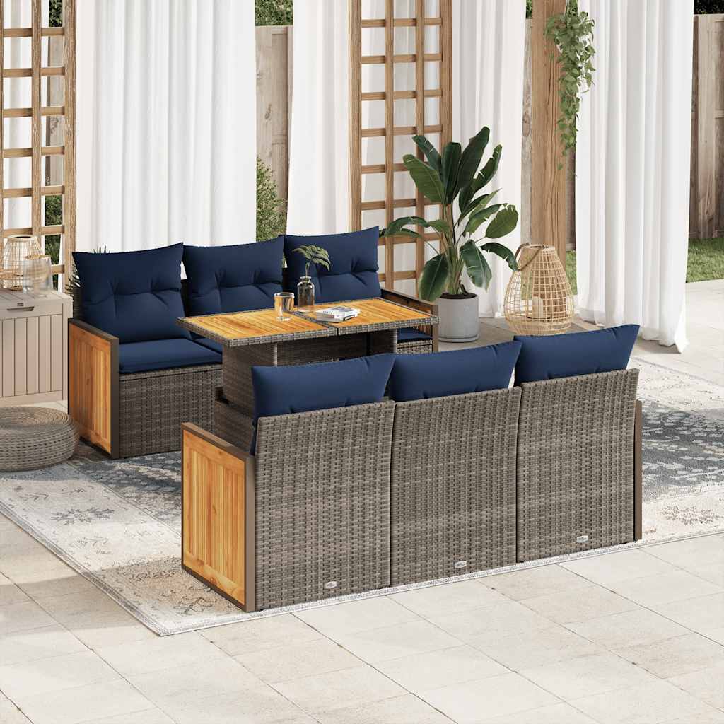 7-tlg. Garten-Sofagarnitur mit Kissen Schwarz Poly Rattan