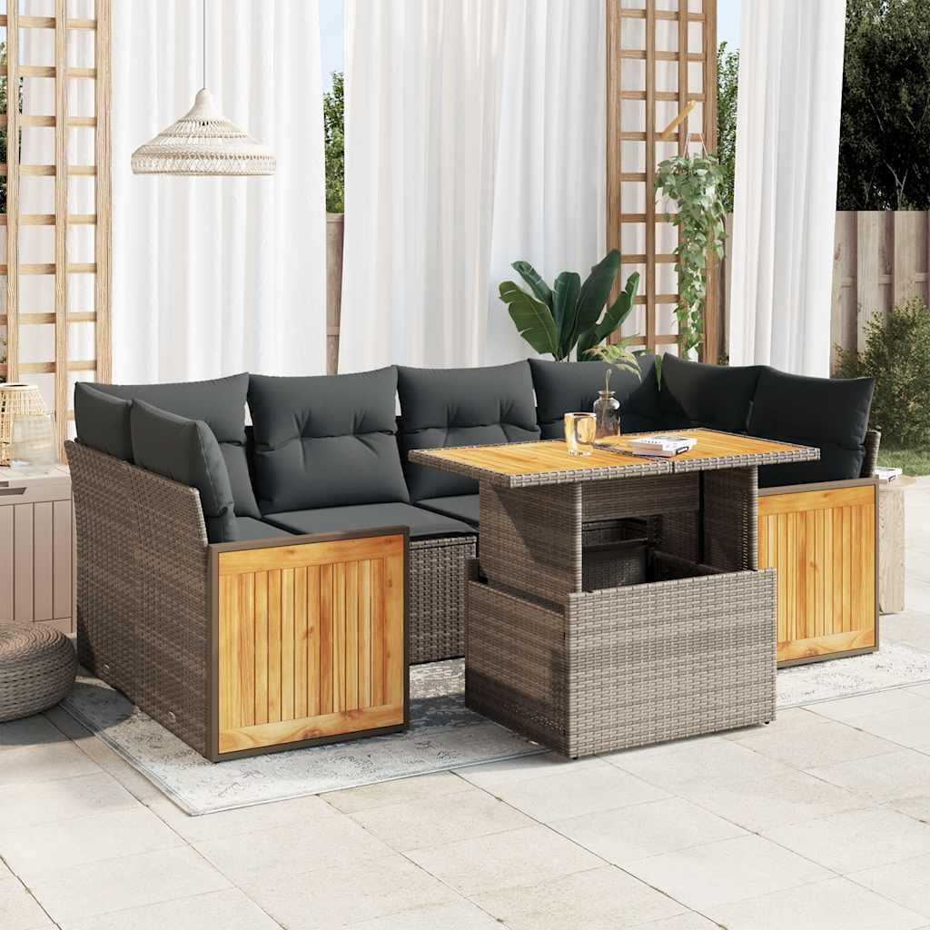 7-tlg. Garten-Sofagarnitur mit Kissen Schwarz Poly Rattan